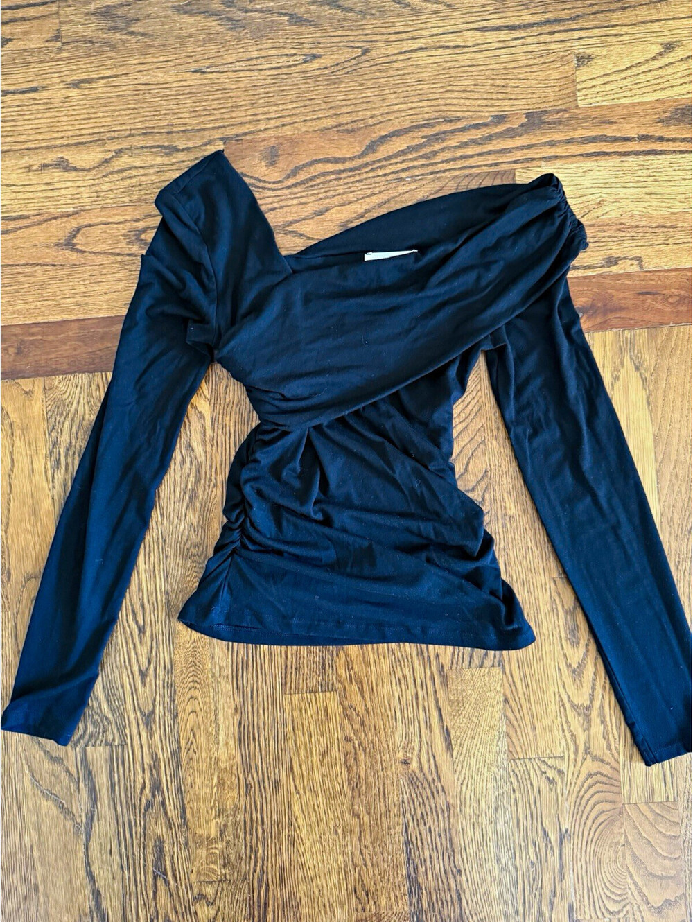 ZARA Womenโs S Black One Shoulder Ruched Knit Cotton Long Sleeve Top